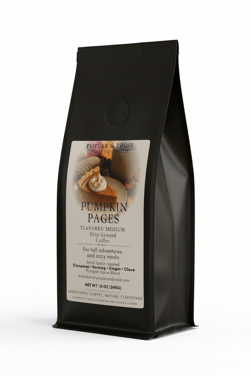A black coffee bag labeled 'Pumpkin Pages' by Poplar & Rose Coffee Co., standing upright on a wooden surface with a softly blurred warm-toned background.