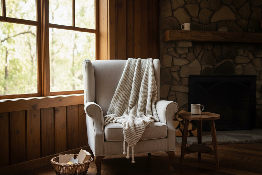 Beige and brown striped blanket with tassels draped over a women in beige chair