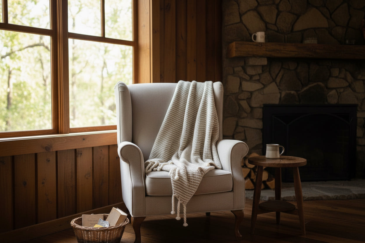 Beige and brown striped blanket with tassels draped over a women in beige chair
