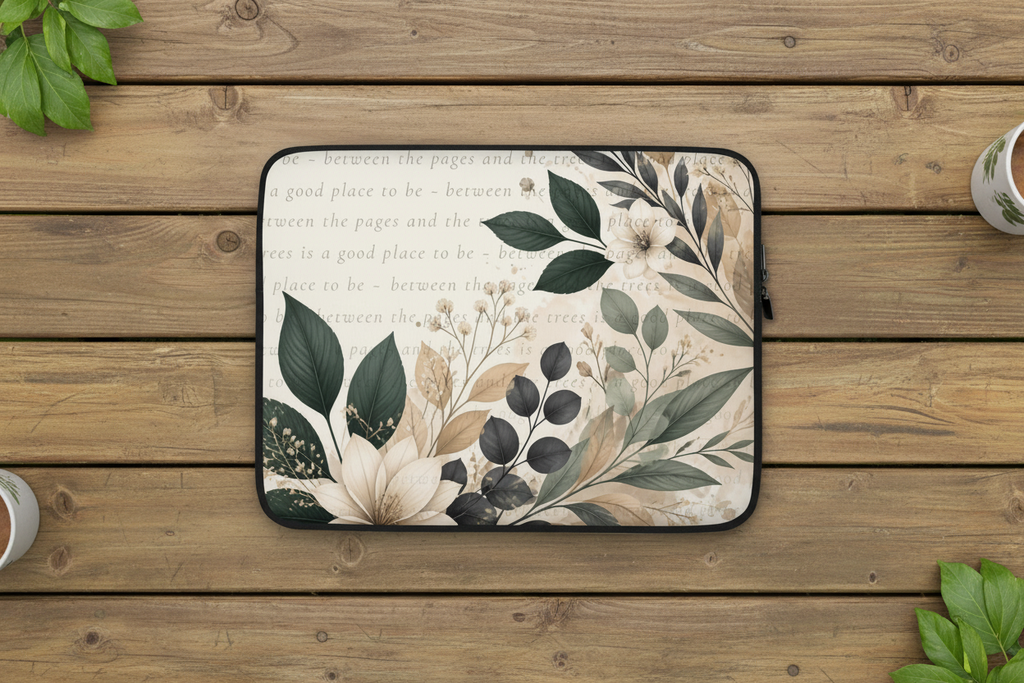 A laptop sleeve with a botanical floral pattern in green, beige, and white, laid flat on a rustic wooden surface with decorative leaves and cups at the corners.