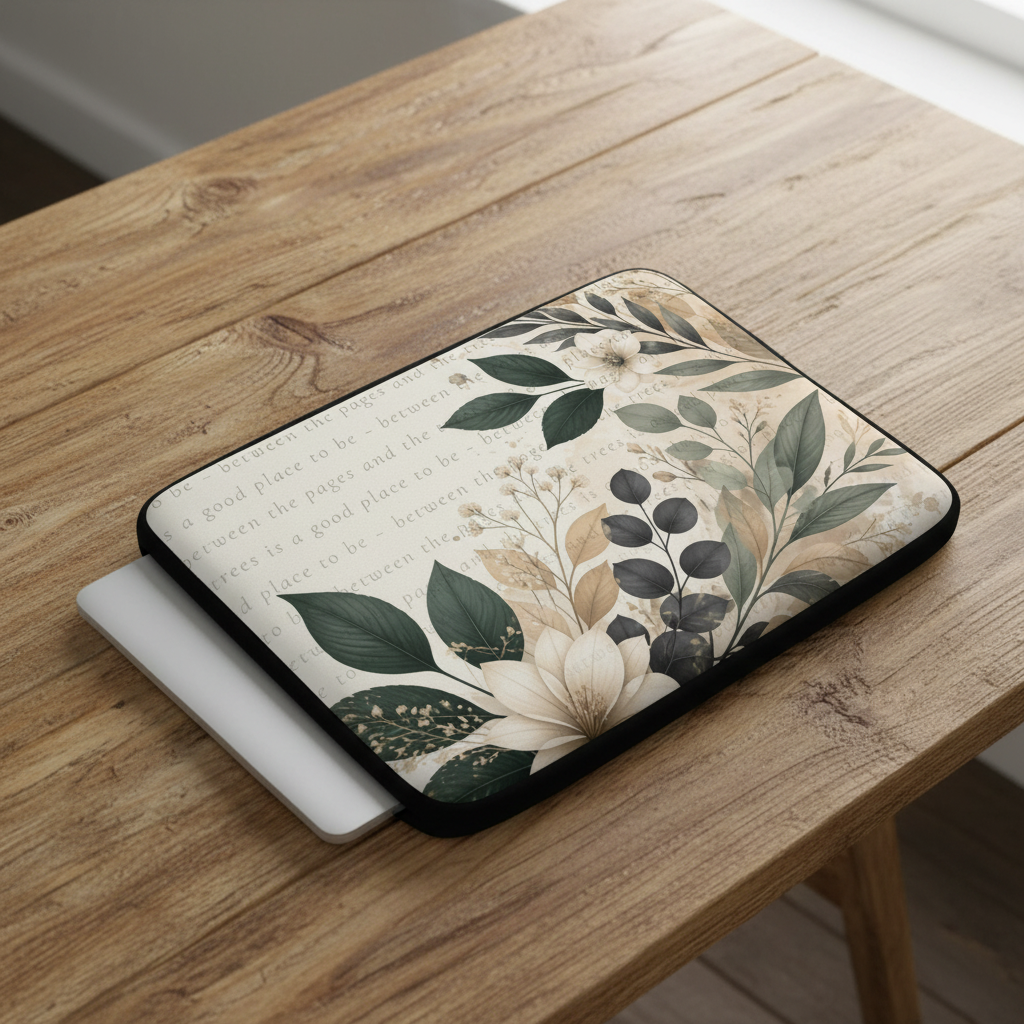 A laptop sleeve with a botanical leaf and floral print in muted green, beige, and cream tones, shown resting on top of a closed silver laptop on a rustic wooden table.