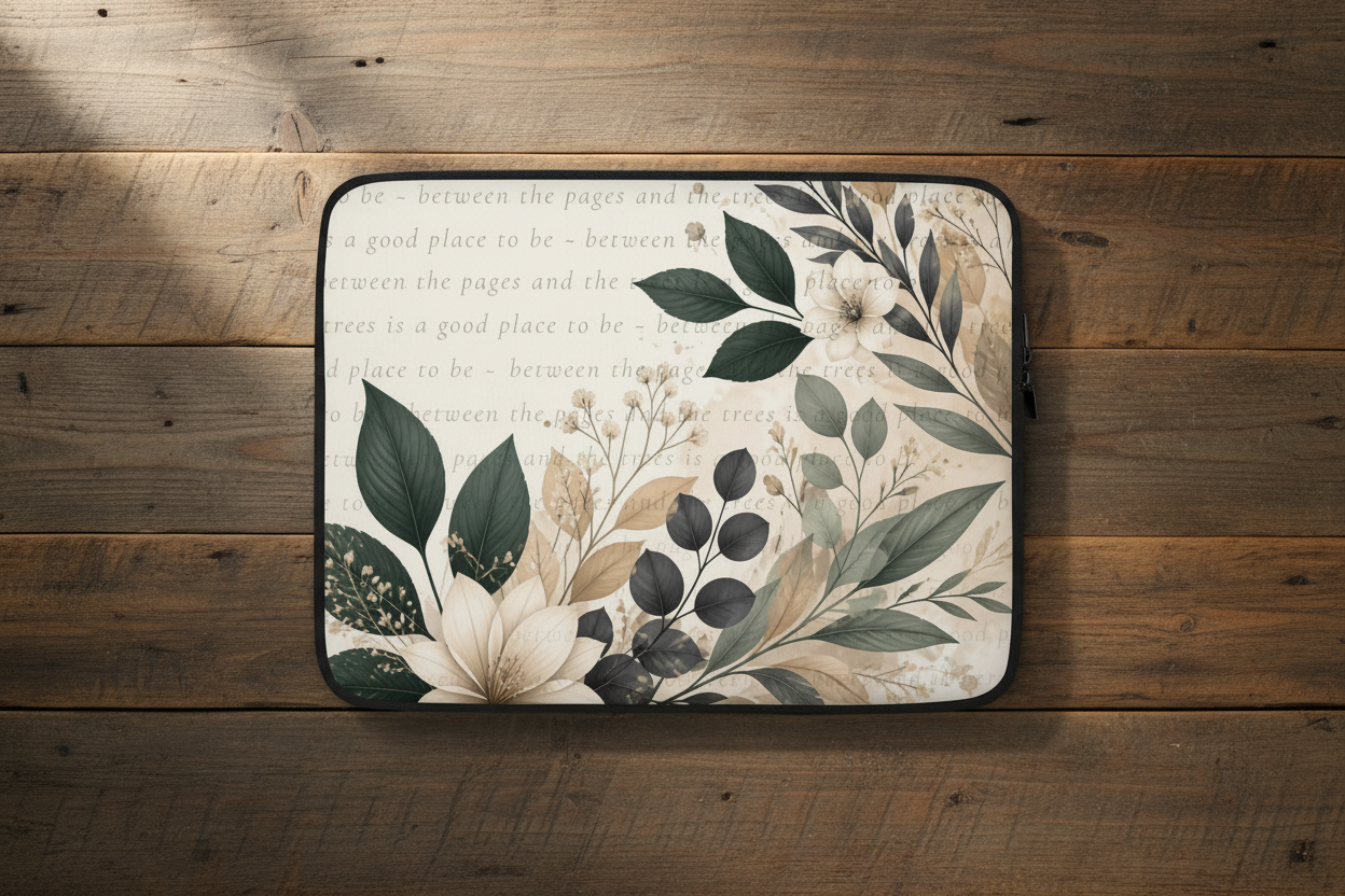 A laptop sleeve with a botanical and typographic design, laid flat on a rustic wooden surface. The sleeve features cream-colored flowers, green and beige leaves, and a light background with faint cursive text.