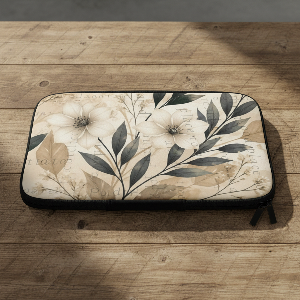 Close-up of a zippered sleeve or pouch with a beige botanical print featuring black leaves, cream flowers, and cursive text, finished with black trim and dual black zipper pulls on a reclaimed wood table.