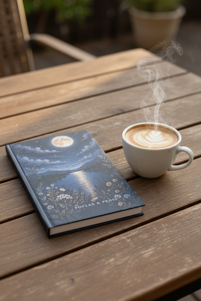 A hardcover journal with a dark blue night-sky and moon illustration lies on a wooden table next to a steaming cup of latte art coffee.