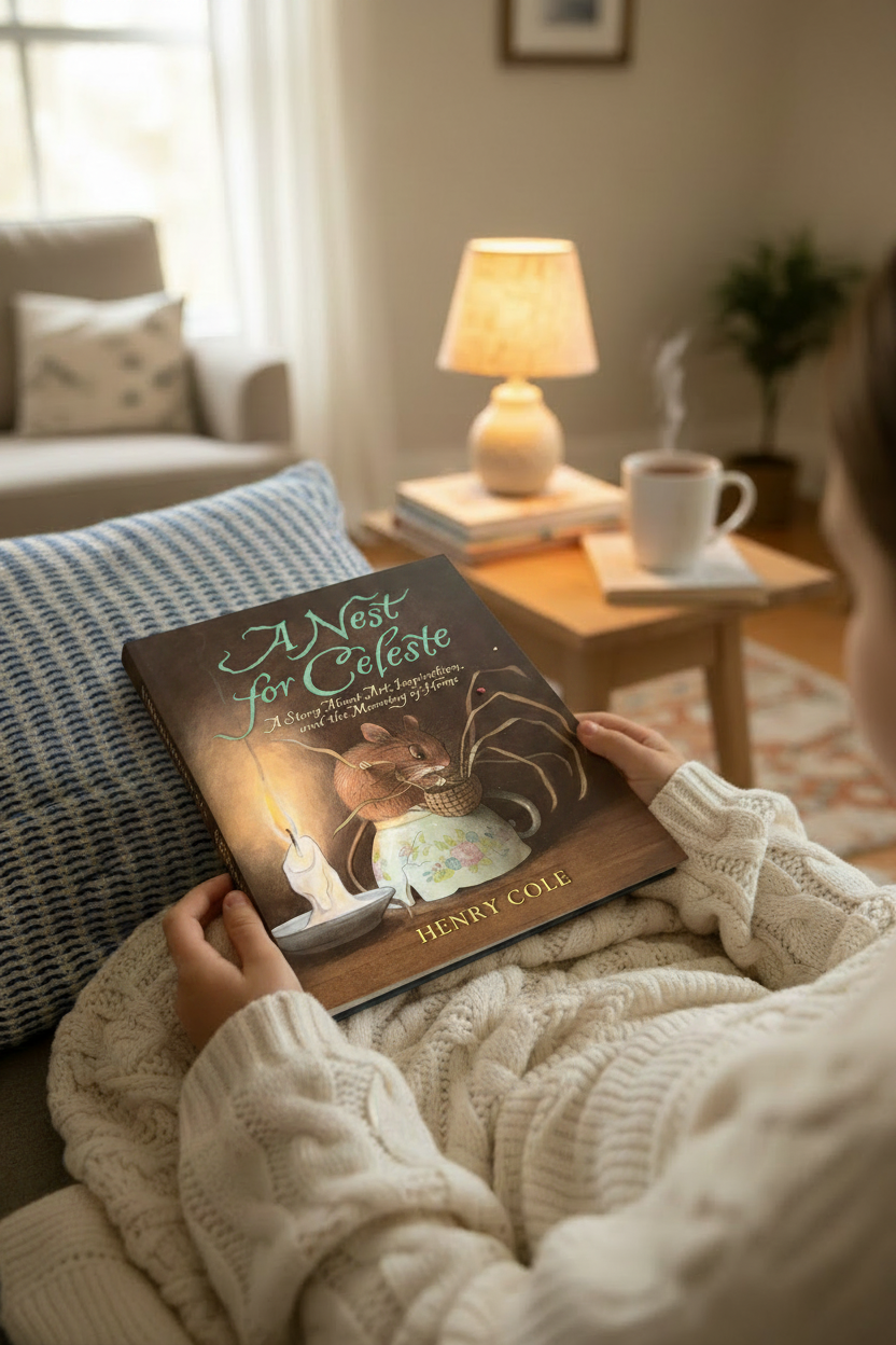 A cozy living room scene showing a child in a cream cable-knit sweater holding a book titled 'A Night for Celeste' by Henry Cole. The person is seated on a couch under a blue patterned pillow, with a warm lamp, books, and a steaming mug on a wooden side table in the background.