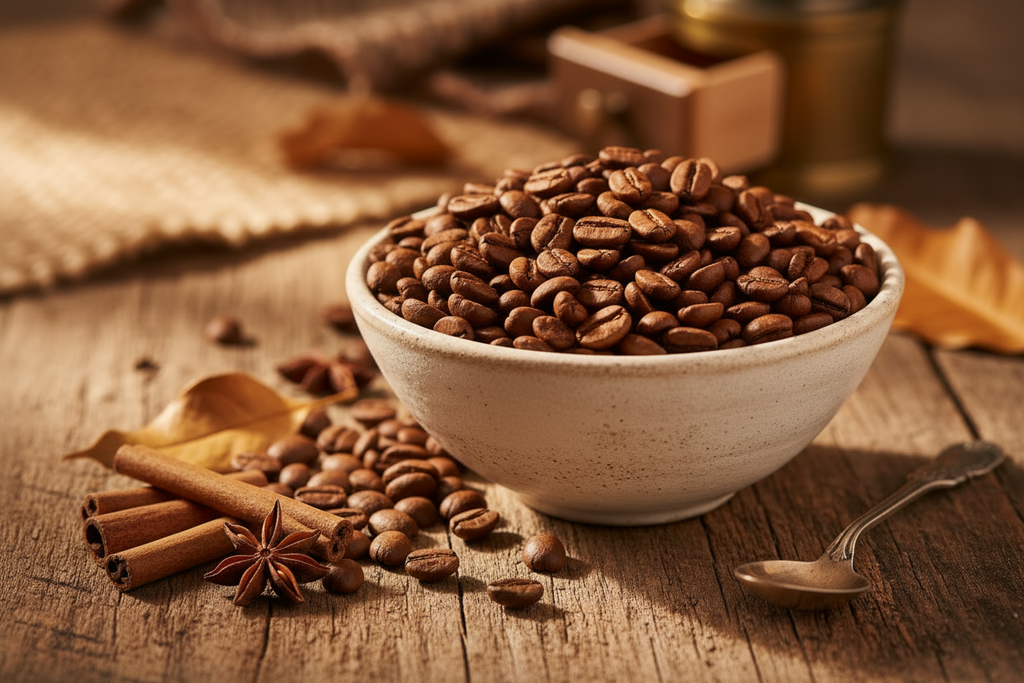 A ceramic bowl filled with roasted coffee beans on a rustic wooden table, surrounded by cinnamon sticks, star anise, dried leaves, and a spoon in warm, moody lighting.