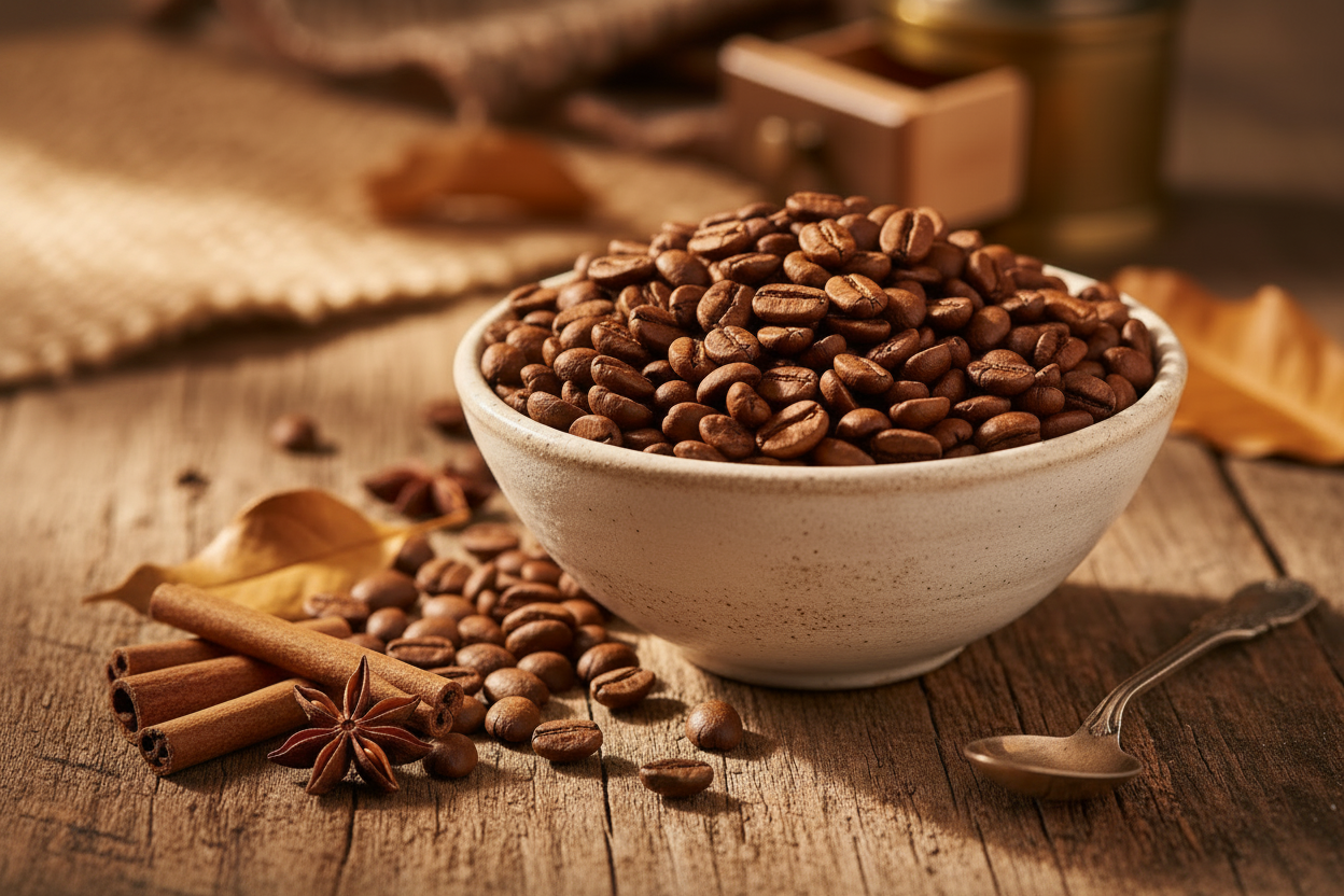 A ceramic bowl filled with roasted coffee beans on a rustic wooden table, surrounded by cinnamon sticks, star anise, dried leaves, and a spoon in warm, moody lighting.
