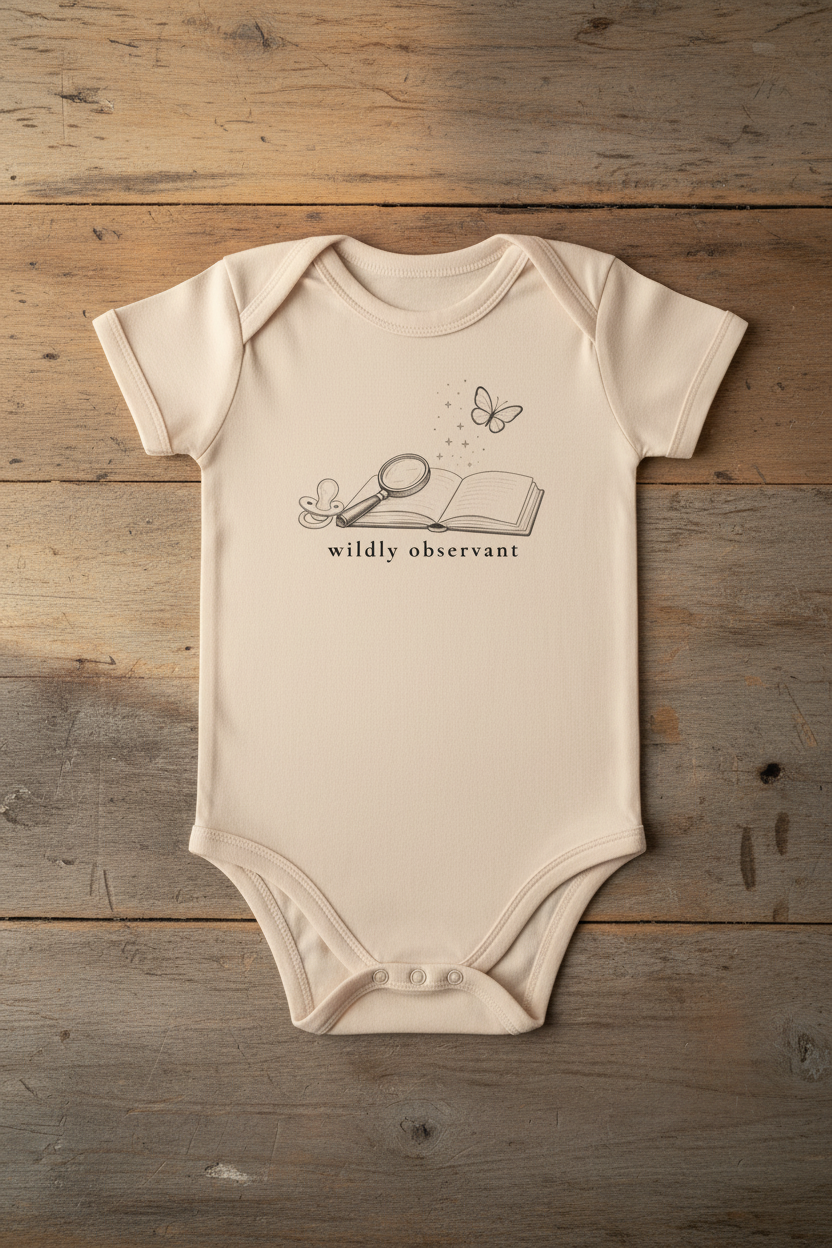 A cream-colored short-sleeve baby bodysuit with a black line art graphic of a magnifying glass, book, butterfly, and the text 'wildly observant' on the chest, laid flat on a rustic wooden background.