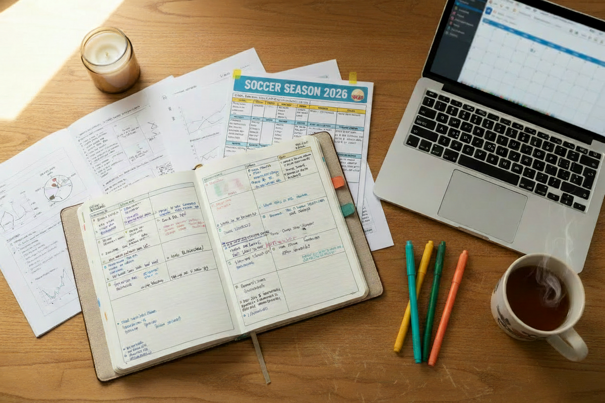 An open planner or journal with handwritten notes lies on a wooden desk alongside printed schedules, a laptop showing a calendar, colored highlighters, a candle, and a mug of tea. A sheet at the top reads 'SOCCER SEASON 2026'.