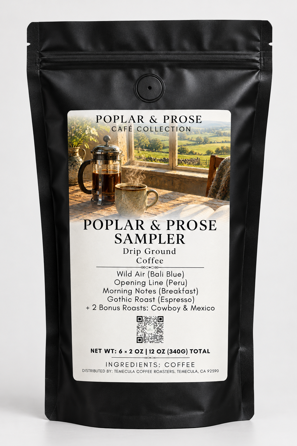 A black stand-up coffee sampler pouch with a large front label reading 'Poplar & Prose Sampler Drip Ground Coffee' and showing a coffee scene photo. The package is photographed on a clean white background.