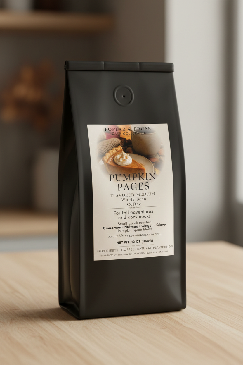 A black coffee bag labeled 'Pumpkin Pages' whole bean coffee, standing upright on a light wood surface with a softly blurred indoor background.