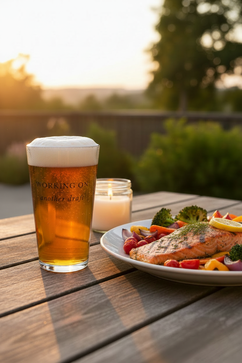 Pint of beer and plate of food on a wooden table with sunset background