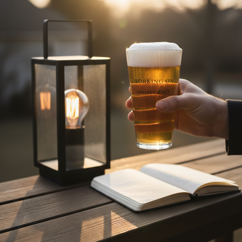 Hand holding a glass of beer on a wooden table with an open book and lantern in the background.