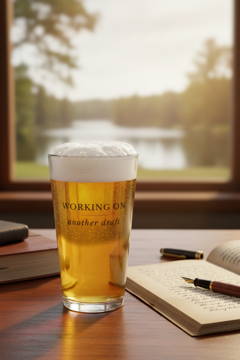 Glass of beer with 'Working on another draft' text on a table with a notebook and pen, blurred window in the background.