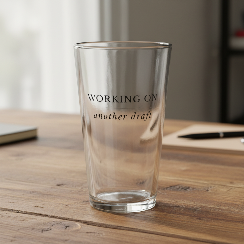 Clear glass with 'WORKING ON another draft' text on a wooden desk