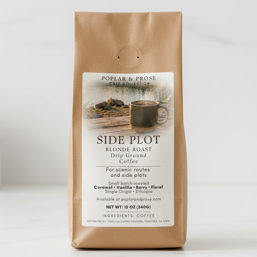 kraft coffee bag with coffee mug and scenic background, "Side Plot" and coffee information.