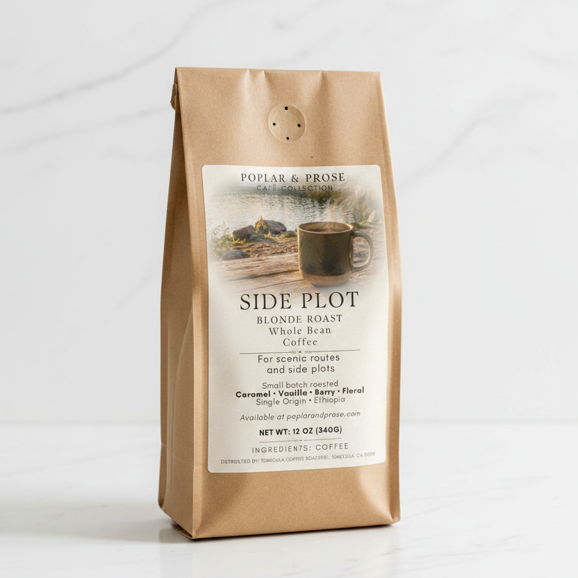 A 12 oz bag of Poplar & Prose Coffee's Side Plot Blonde Roast Whole Bean Coffee, in a brown kraft paper bag with a cream label, set against a light gray marble background.