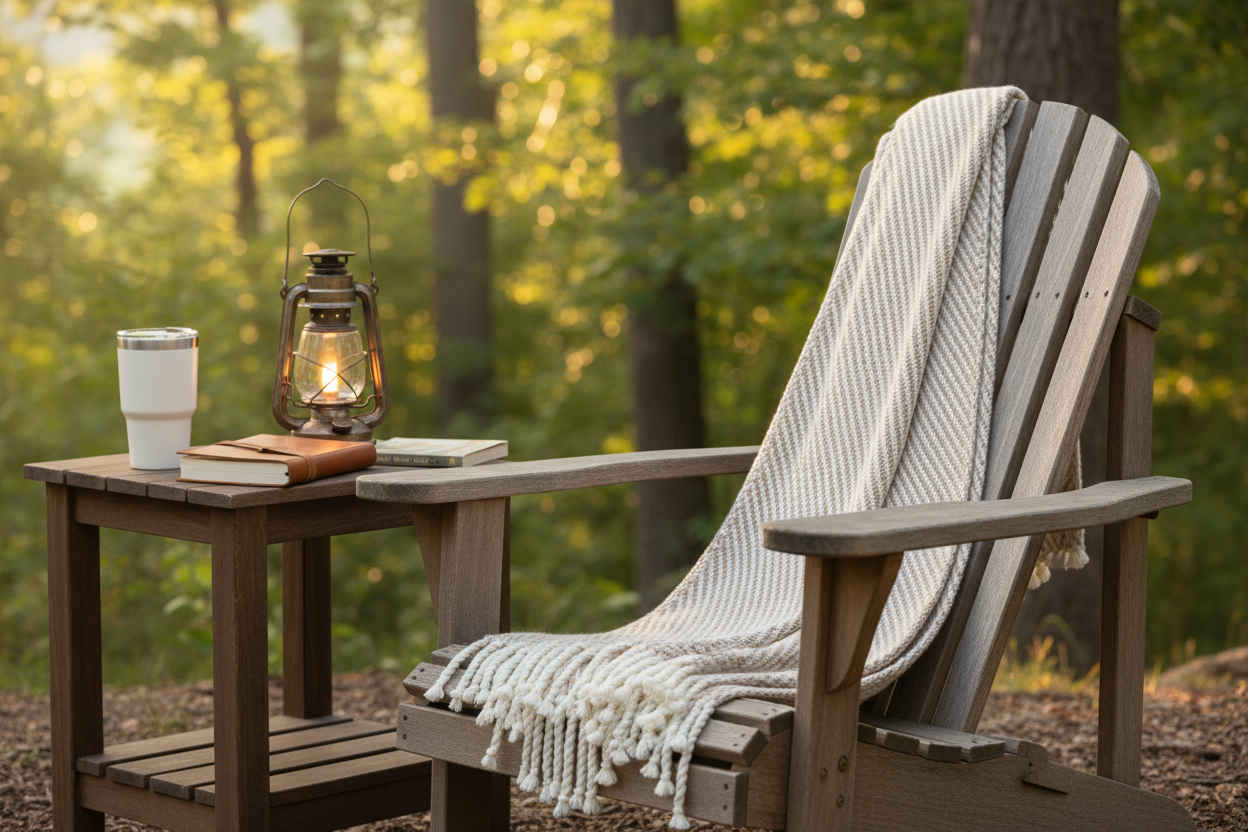 Adirondack chair with the alpaca and Wool Alpine Throw draped over it, next to a small table with a cup and lantern in a forest setting.