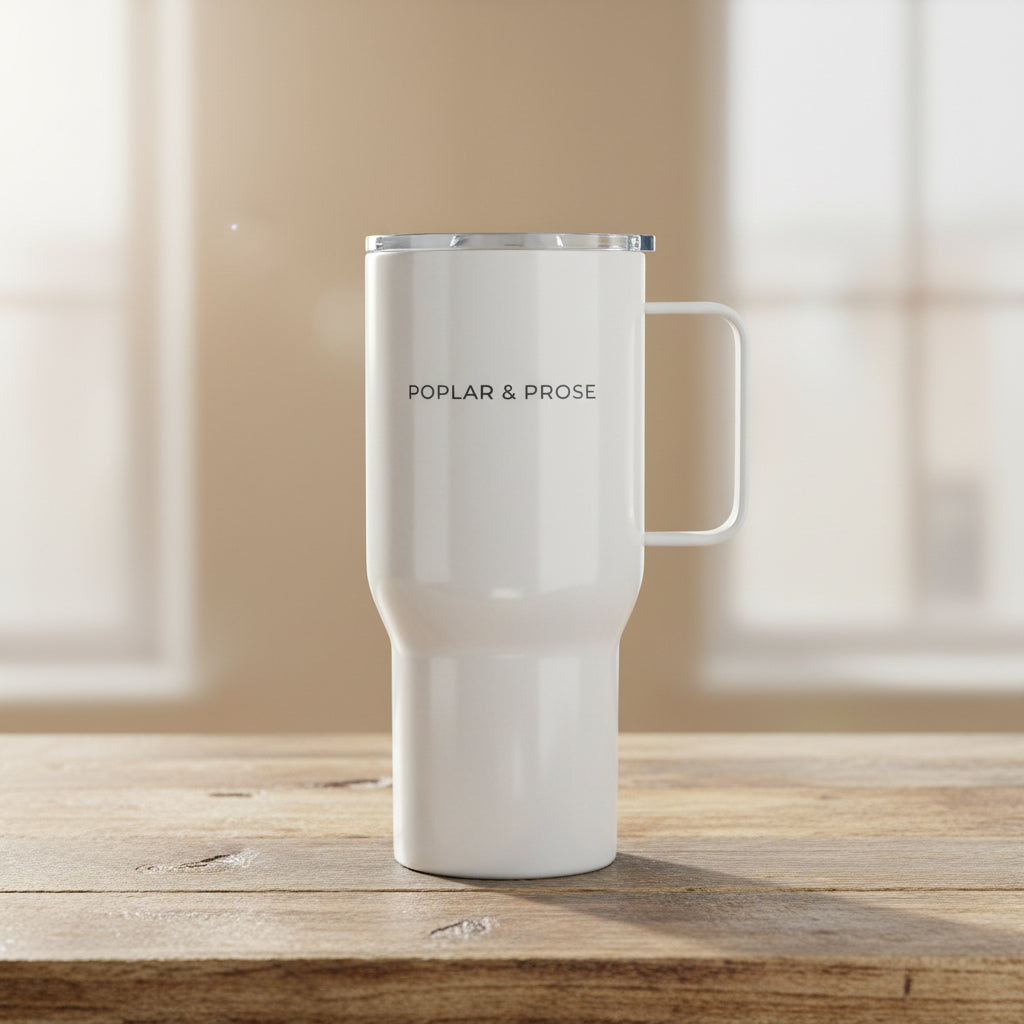 White travel mug with 'Poplar & Prose' branding on a white background 25 oz