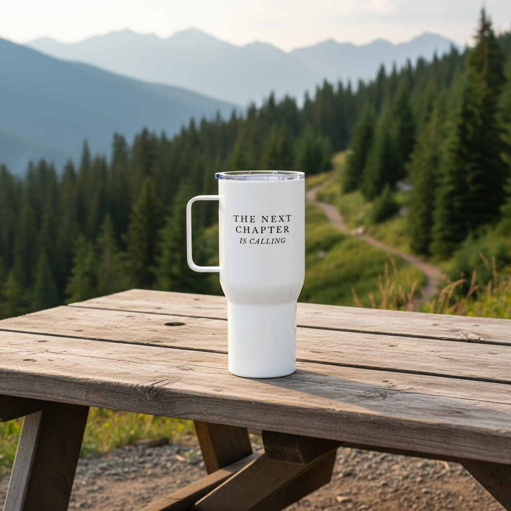 White insulated mug with 'The Next Chapter is Calling' in 25 oz with handle on picnic table, mountain trail in background