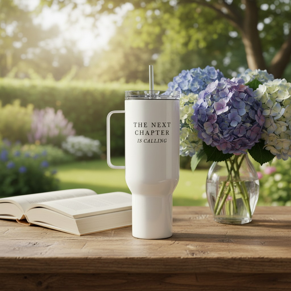 White tumbler with 'The Next Chapter is Calling' text on a wooden table with flowers and an open book in a garden setting.