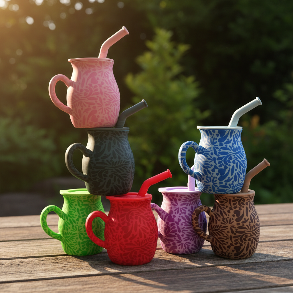 Stack of colorful silicone cups with straws on an outdoor table