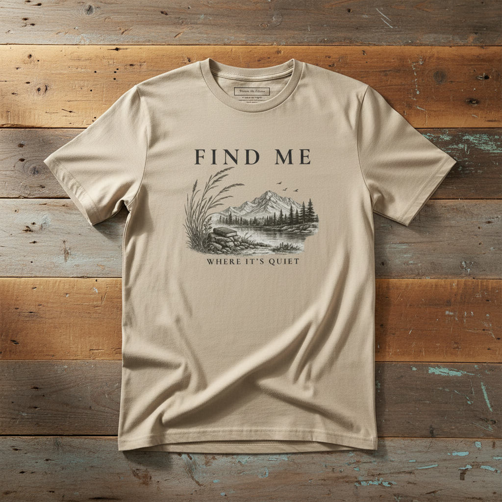 A beige crewneck t-shirt with a dark gray graphic print reading 'FIND ME WHERE IT'S QUIET' above a mountain and river landscape, laid flat on rustic wooden planks.