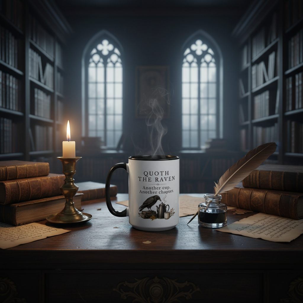A white ceramic mug with a black handle and rim sits on a wooden desk in a dimly lit, gothic-style library. The mug features a black illustration of a raven and the text 'QUOTH THE RAVEN An Old English Aesthetic Chapter.