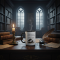 A white ceramic mug with a black handle and rim sits on a wooden desk in a dimly lit, gothic-style library. The mug features a black illustration of a raven and the text 'QUOTH THE RAVEN An Old English Aesthetic Chapter.
