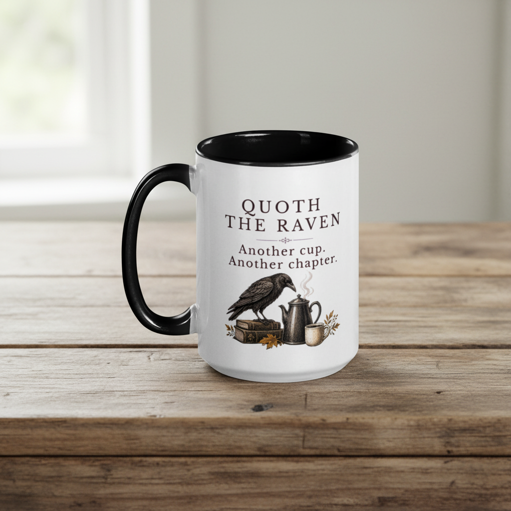 A white ceramic mug with a black handle and black interior, featuring the printed text 'QUOTH THE RAVEN Another cup. Another chapter.