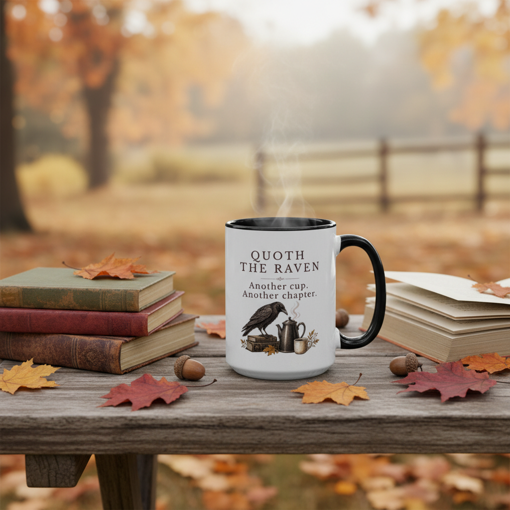 A white ceramic mug with a black handle and rim sits on a wooden table outdoors, surrounded by autumn leaves, acorns, old books, and a blurred fence and trees in the background. The mug is printed with the quote 'QUOTH THE RAVEN Another cup.