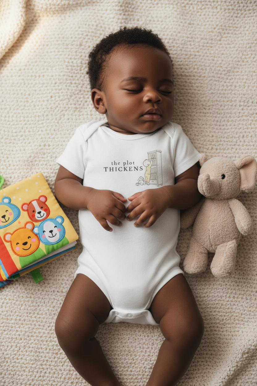 baby boy sleeping in The Plot Thickens in white