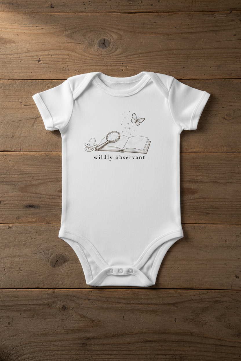 A white short-sleeve baby bodysuit with a black line art graphic of an open book, magnifying glass, butterfly, and the text 'wildly observant', laid flat on a brown wooden background.