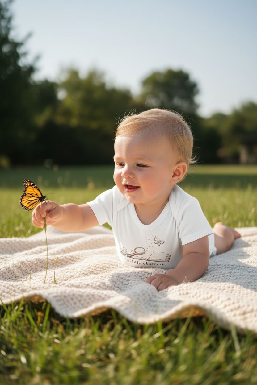 A baby lying on a white knit blanket in a grassy park, reaching toward a butterfly while wearing a white short-sleeve bodysuit with a butterfly graphic and the words 'BUTTERFLY ANNIVERSARY'.