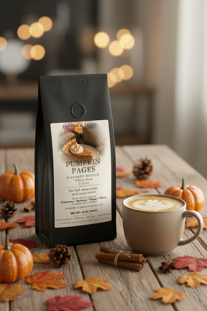 A bag of Pumpkin Pages flavored medium whole bean coffee stands on a rustic wooden table next to a cup of latte art coffee, surrounded by autumn leaves, cinnamon sticks, pinecones, and small pumpkins.