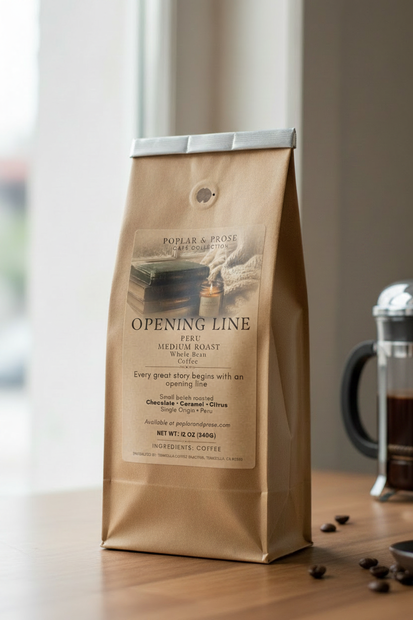 A kraft paper coffee bag labeled 'Opening Line' stands on a wooden table near a window, with a few coffee beans scattered nearby.
