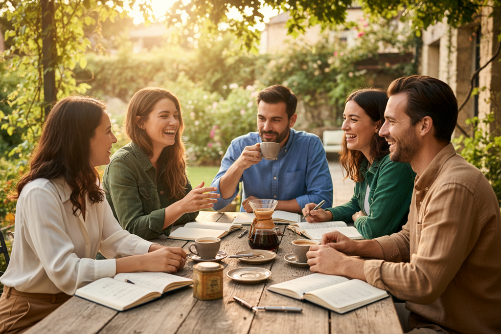 Five friends sitting around a wooden table outdoors, laughing and sharing coffee cups in a sunny garden setting with trees and warm sunlight in the background.