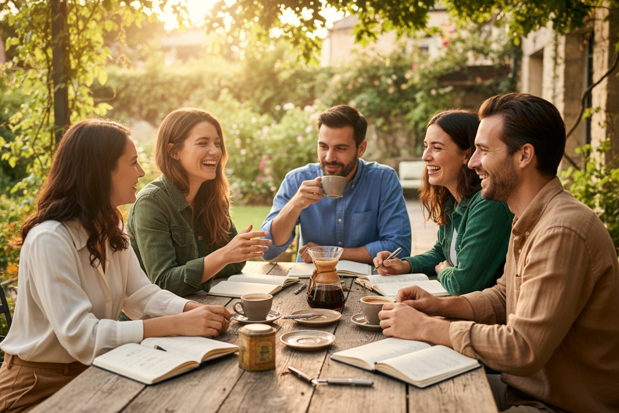 Five friends sitting around a wooden table outdoors, laughing and sharing coffee cups in a sunny garden setting with trees and warm sunlight in the background.