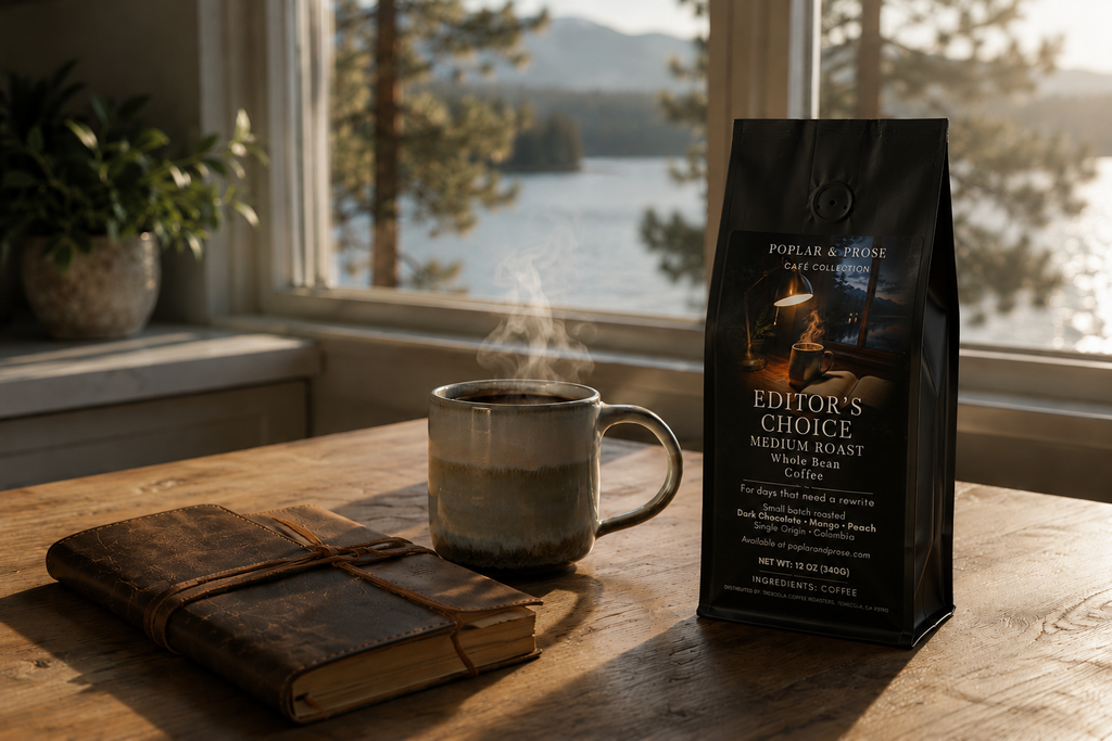 leather journal, stoneware mug, and black bag of coffee with "Editor's Choice" and coffee description