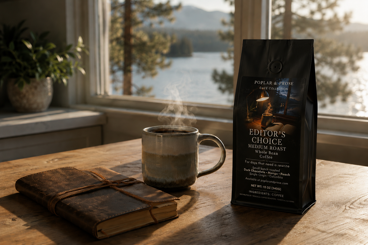 leather journal, stoneware mug, and black bag of coffee with "Editor's Choice" and coffee description