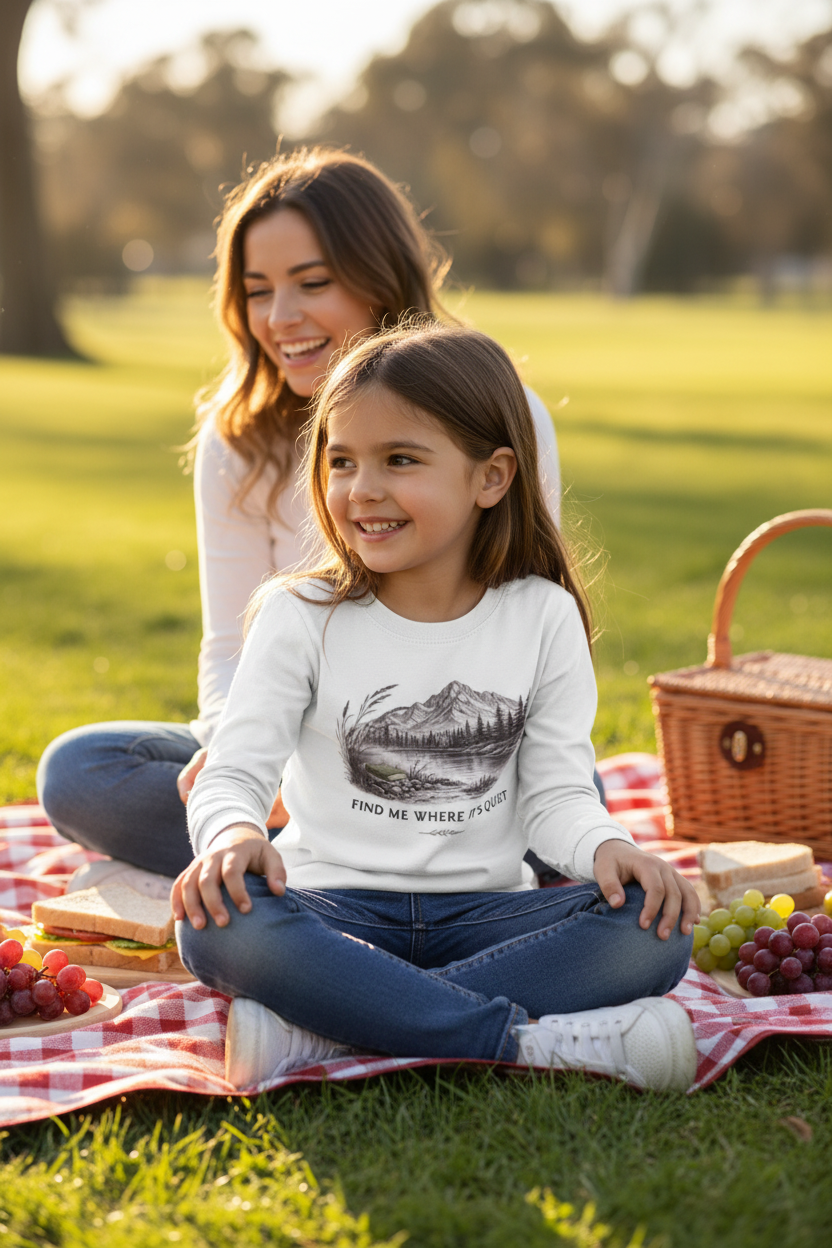 A woman and a young girl sitting on a red-and-white checkered picnic blanket in a sunny park. The girl is wearing a white long-sleeve graphic T-shirt with a mountain print and the text 'FIND ME WHERE IT FITS' on the front, paired with blue jeans.