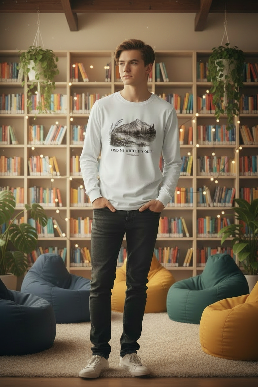 A teen stands in a library wearing a white long-sleeve crewneck sweatshirt with a black graphic of a mountain lake and the text 'find me where it's quiet'.